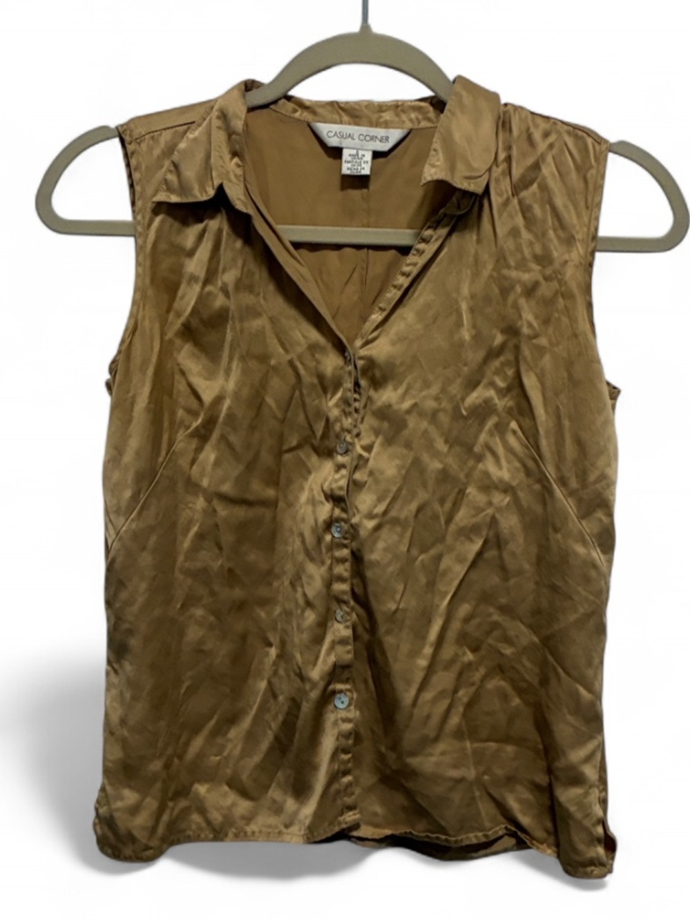 Vintage Casual Corner Silk Gold Colored Button-Front Sleeveless Blouse